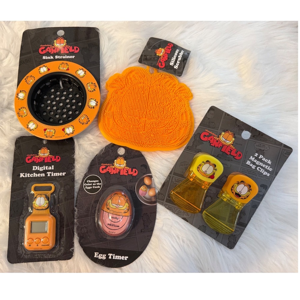 Garfield Kitchen Accessory Set Digital Timer Egg Timer Bag Clips Scrubber NIP
